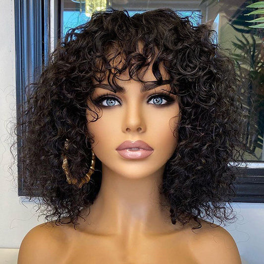 Beginner Friendly Water Wave Minimalist Lace Glueless Short Curly Wig with Bangs